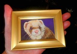 Ferrets; Framed ACEO Paintings - Gold Frame; Framed ACEO; Stef